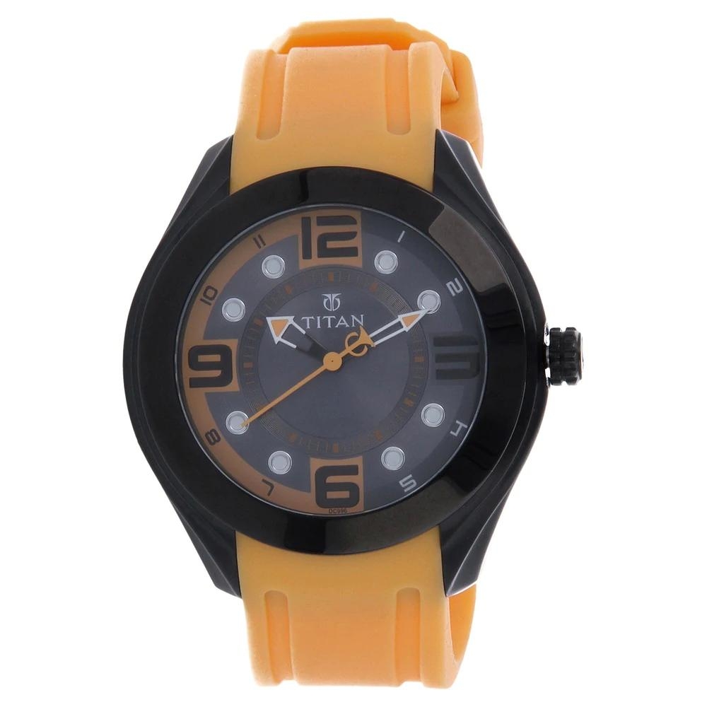 Titan Grey Dial Yellow Plastic Strap Watch For Men 9475NP04