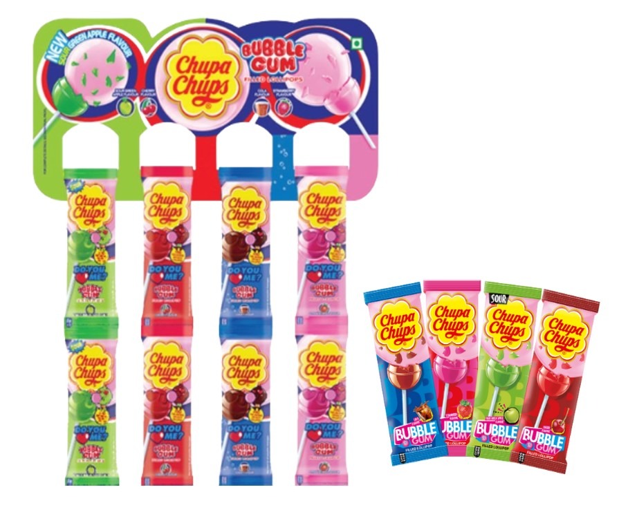 Perfetti Chupa Chups Gum Filled Lollipop – All 4 Flavors – Cola, Sour Green Apple, Strawberry, Cherry – 48 Pcs