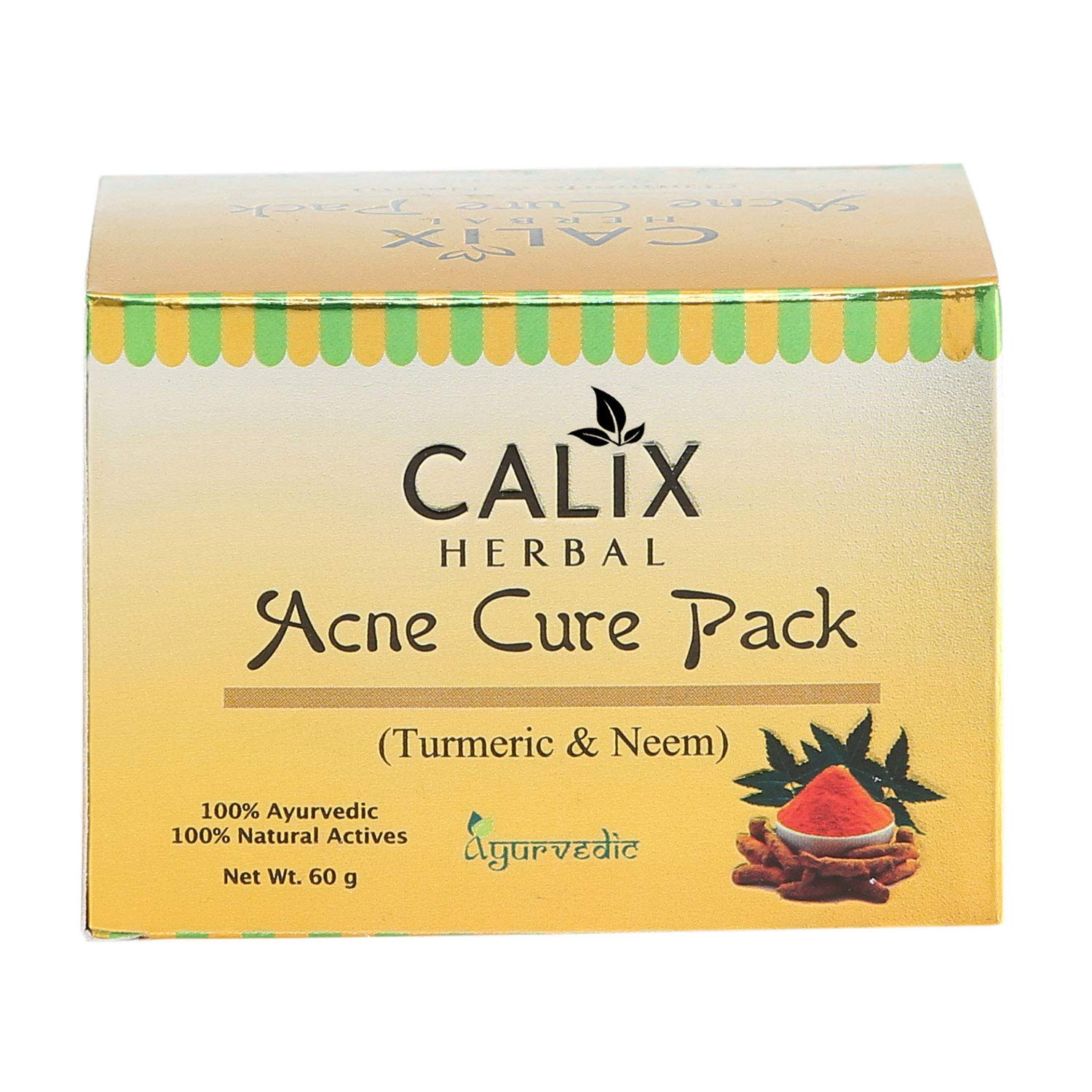 Calix Herbal Ayurvedic Acne Cure Pack with Neem Leaves and Turmeric Extracts for Spot Treatment and Even Skin Tone, 60g