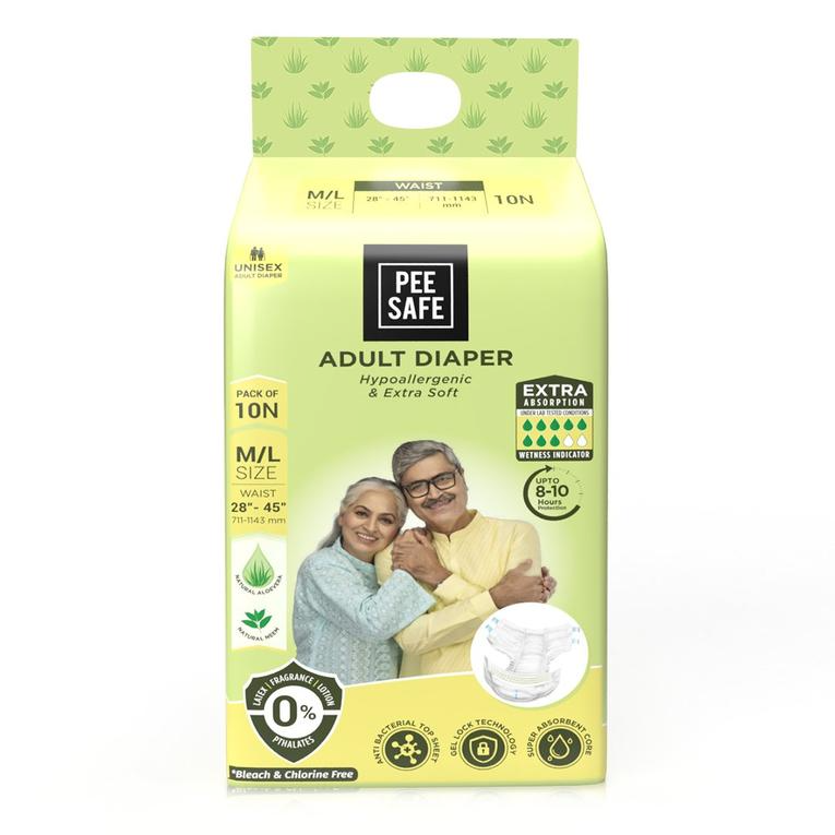 Pee Safe Adult Diaper Medium - Large Waist Size 71-114 cm (28"-45") High Absorbency 10 Pcs