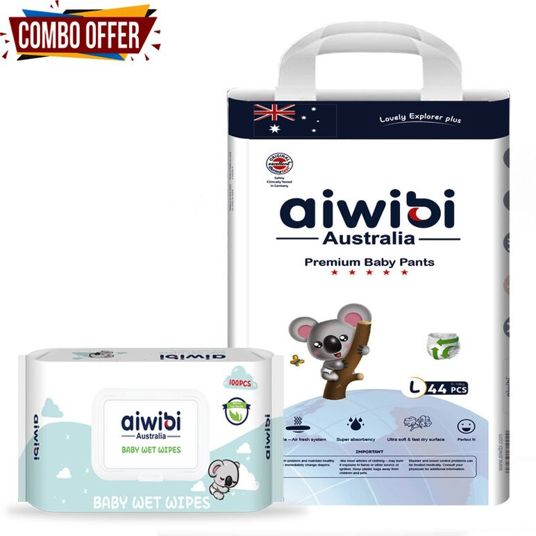 Aiwibi Australian Disposable Breathable Baby Diapers With Elastic Waistband L44+ 1 wipes