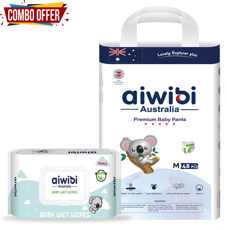 Aiwibi Australian Disposable Breathable Baby Diapers With Elastic Waistband M48+ 1 wipes