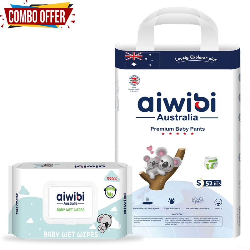 Aiwibi Australian Disposable Breathable Baby Diapers With Elastic Waistband S52+1 wipes 100 pcs