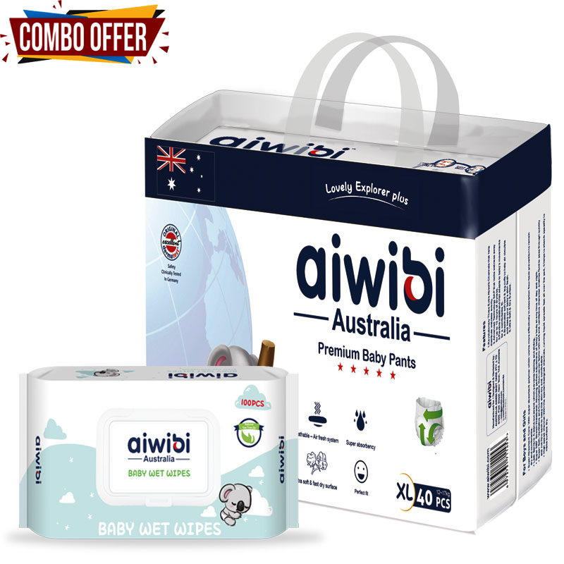Aiwibi Australian Disposable Breathable Baby Diapers With Elastic Waistband XL40 With Premium Wipes