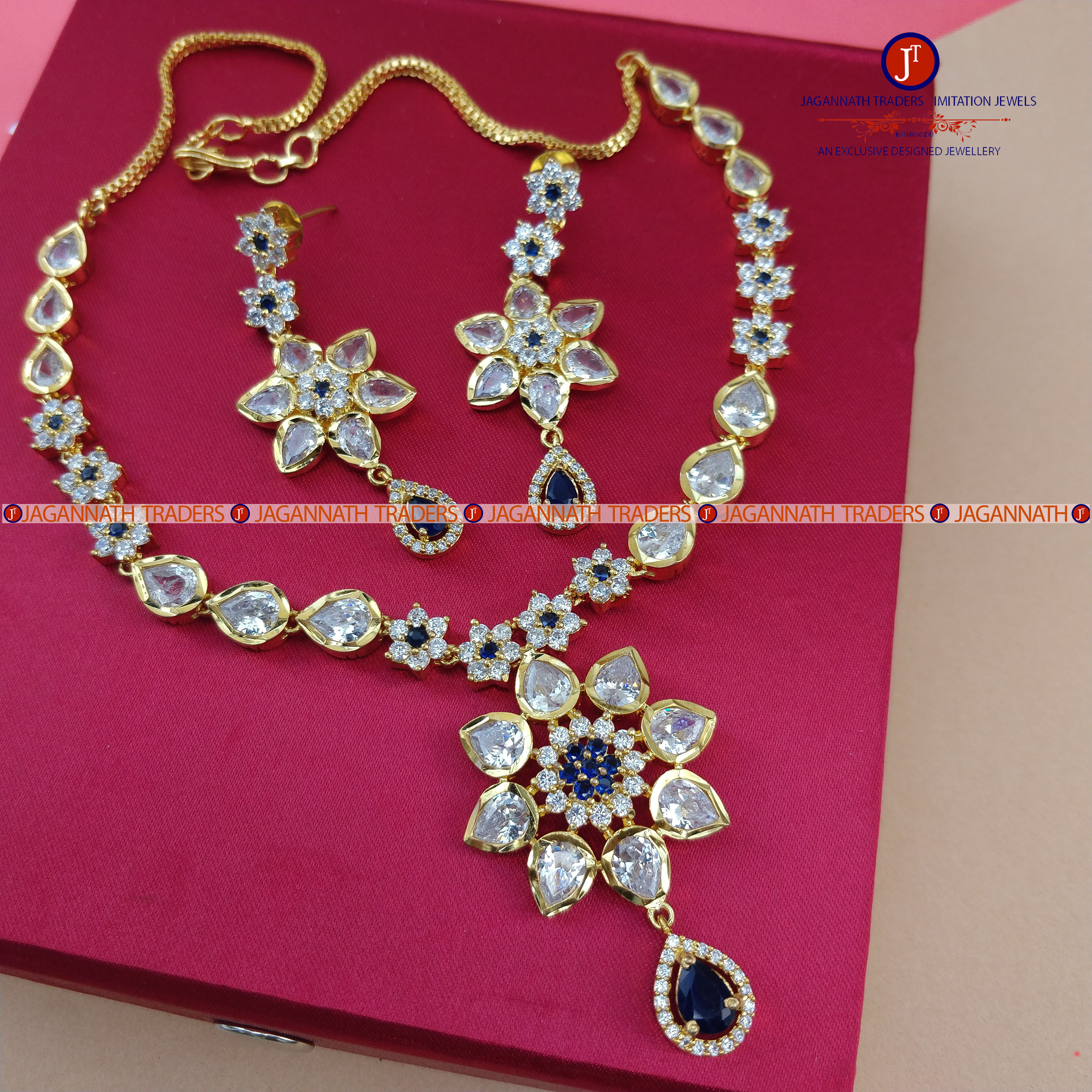 American Diamond Semi-Precious Stone Neck Set With Earring For Women