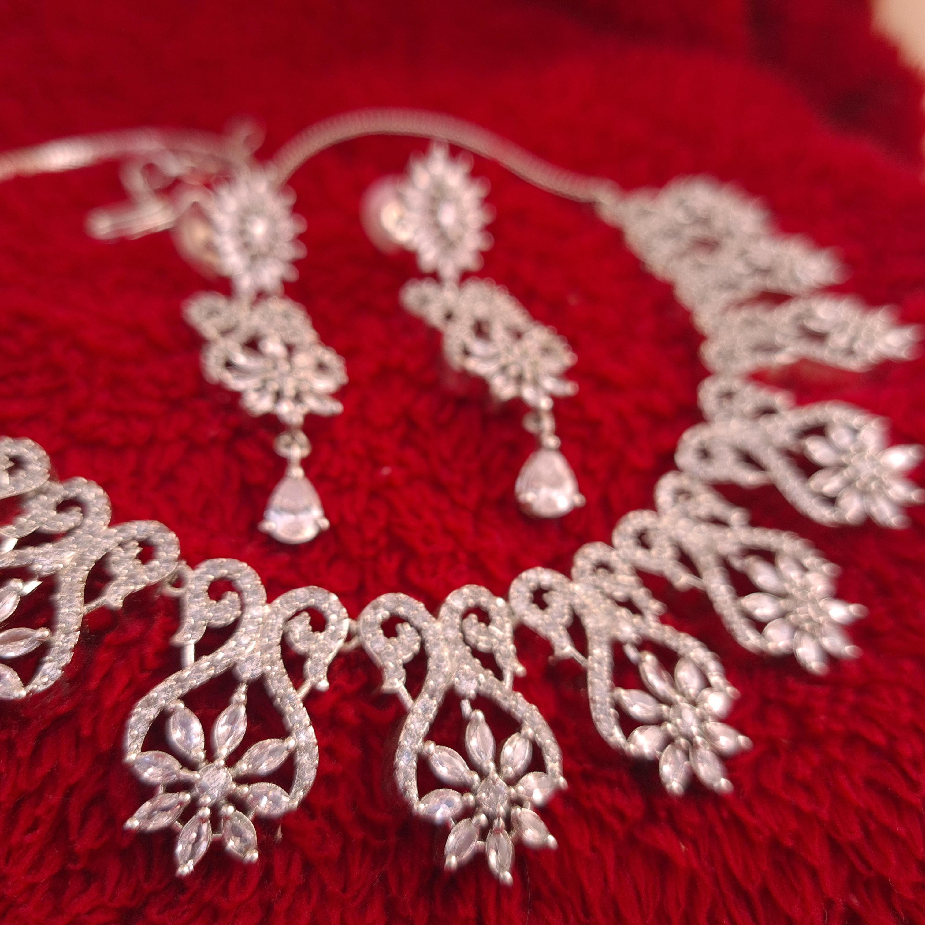American Diamond Semi-Precious Stone Neck Set With Earring For Women