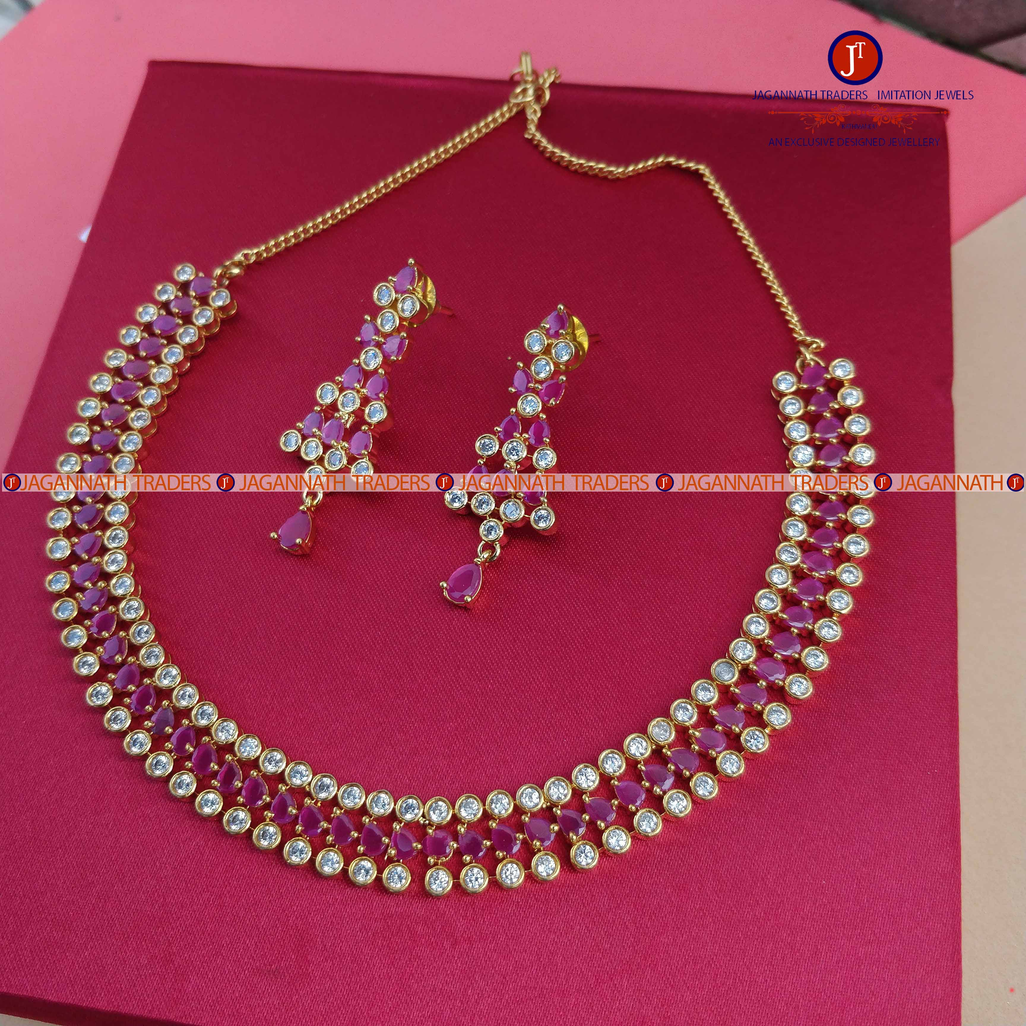 American Diamond Semi-Precious Stone Neck Set With Earring For Women