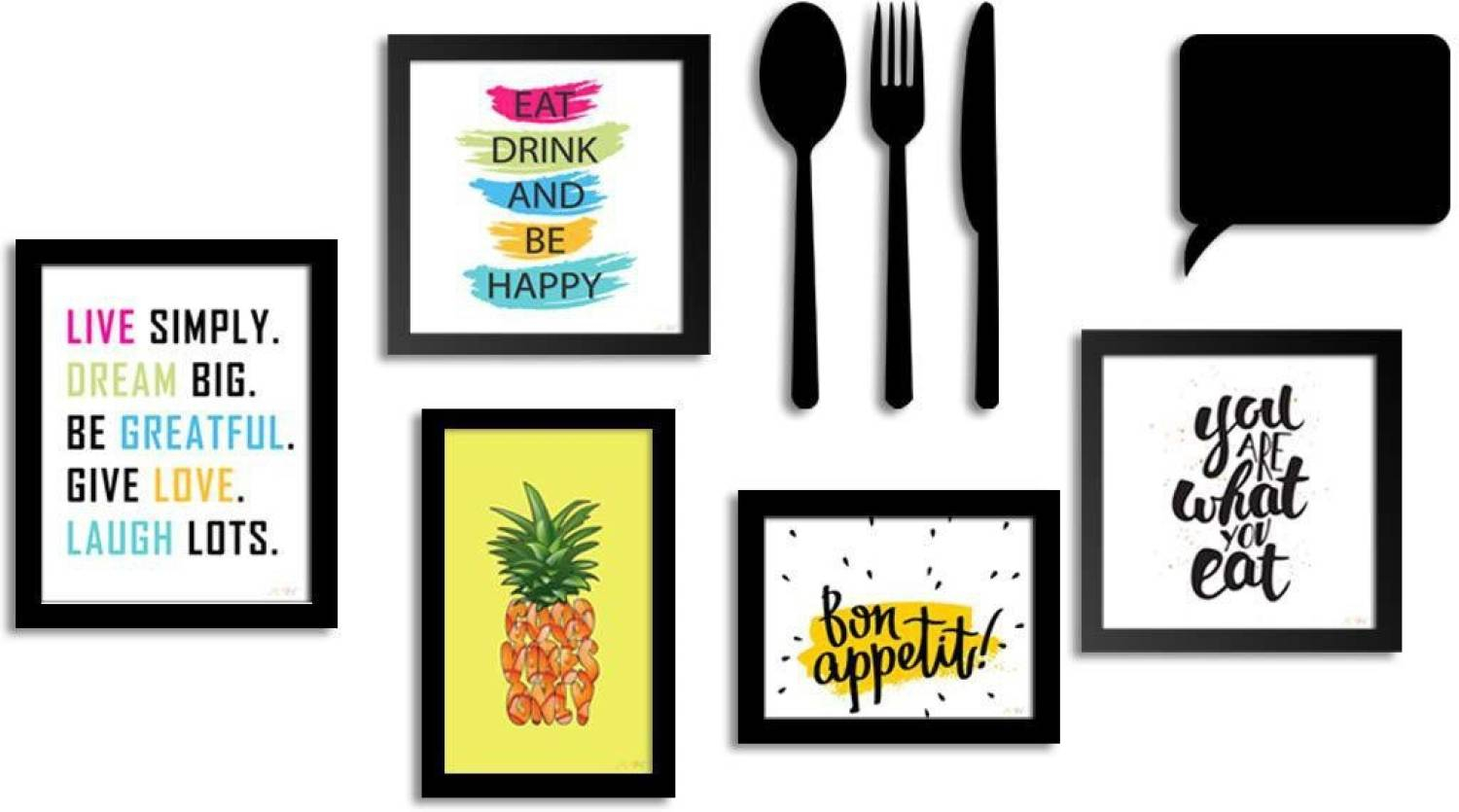 Art Street - Set of 5 Wall wood Photo Frame/Art Prints for Dinning Table, Kitchen or Eating Area with MDF Cutlery and Chalk Board, Black
