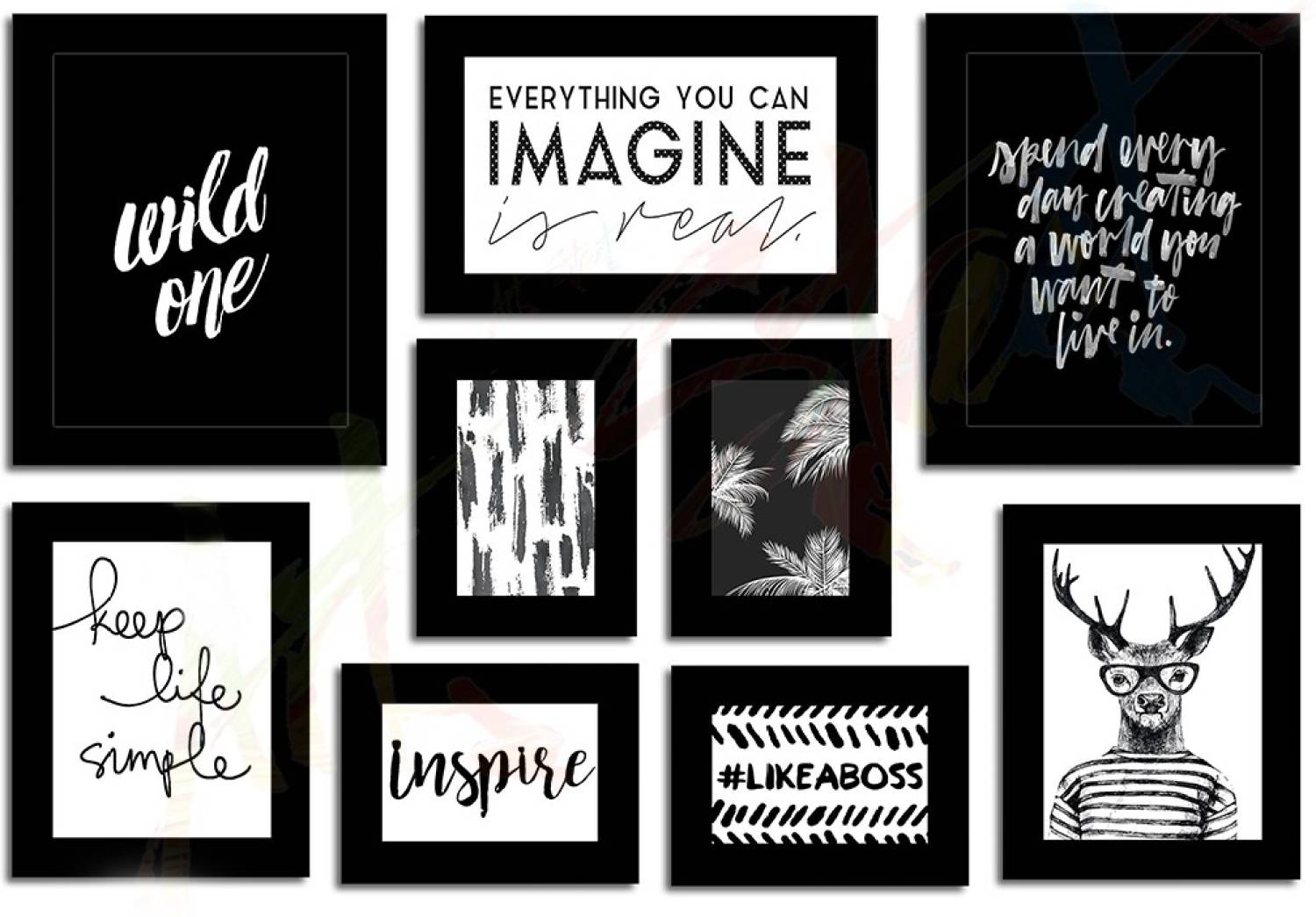Simple Life Theme Gallery Glass Individual Photo Frame Black, Set of 9