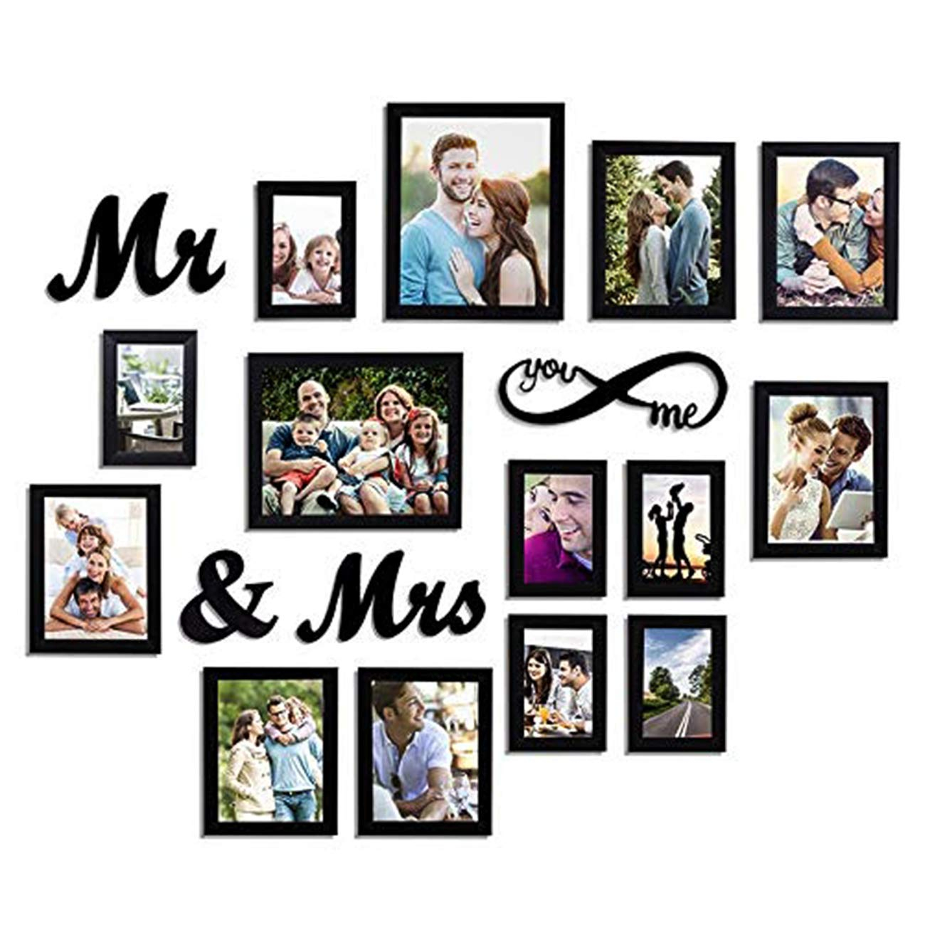 Art Street MDF Plaque You Me Infinity -Mr and Mrs Individual Wall Photo Frame for Couples (6-6X8, 6-4X6, 2-8X10, Black) - Set of 14