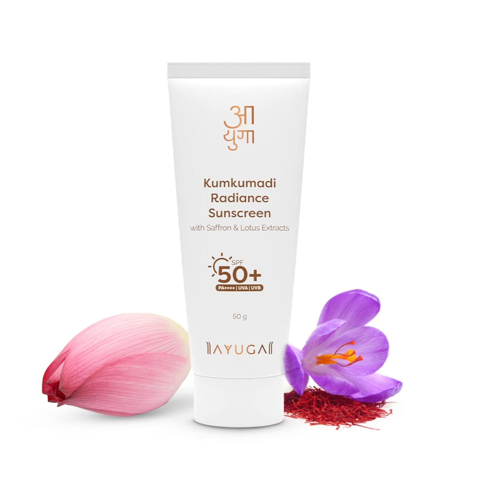 Ayuga Kumkumadi Radiance Sunscreen SPF 50 with Saffron & Lotus Extracts | PA++++ | UVA | UVB | Fights Tan | 50GM