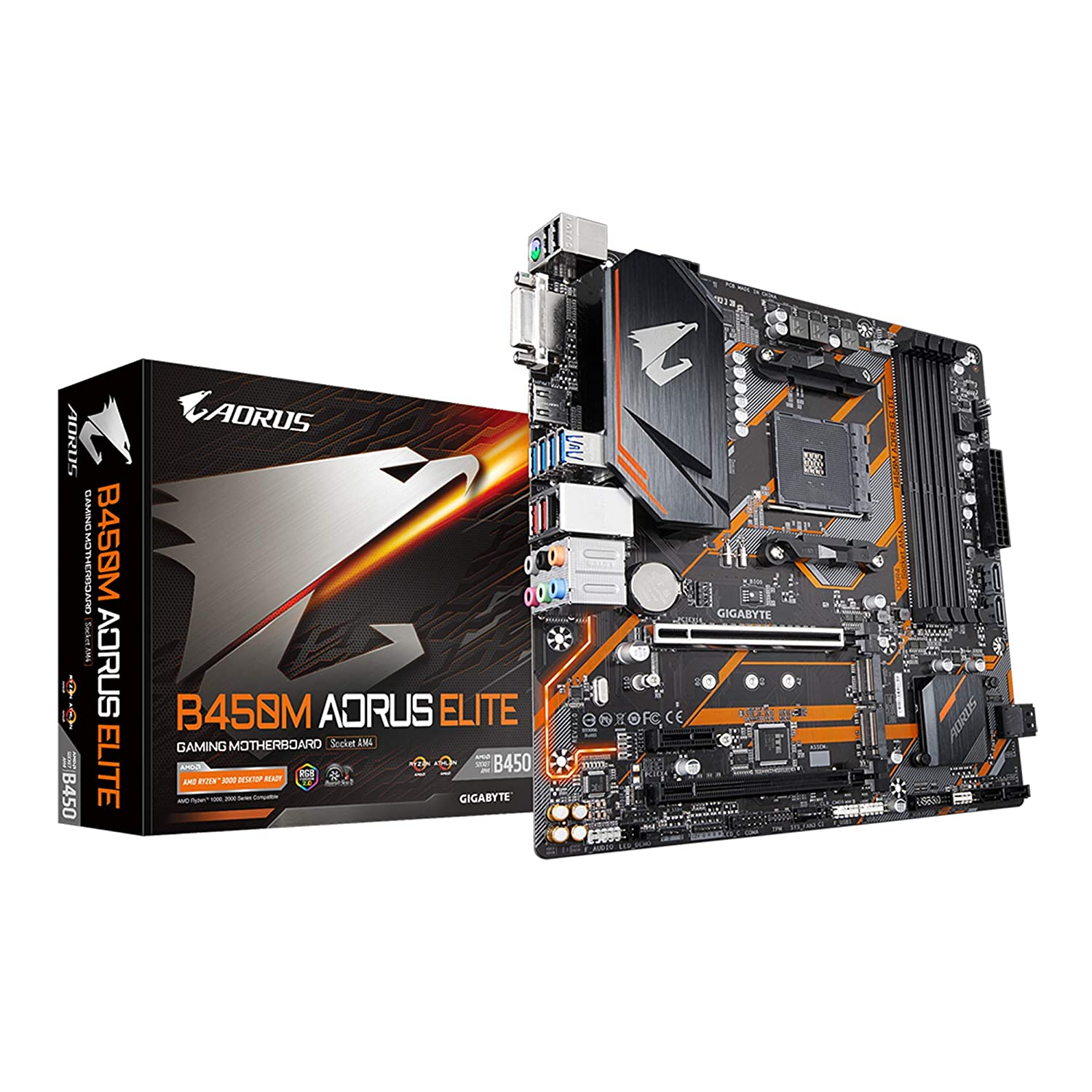 GIGABYTE B450M AORUS Elite Motherboard with Hybrid Digital PWM, 4 * DDR4 DIMMs, Dual NVMe PCIe Gen3 M.2, GIGABYTE Gaming LAN.