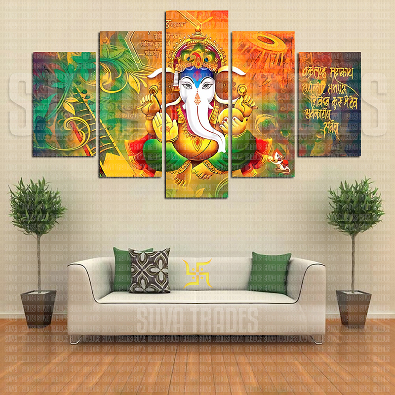 5 Panel Lord Ganesh H8 God Wall Hang Canvas Print With Wooden Frame by Suva Trades