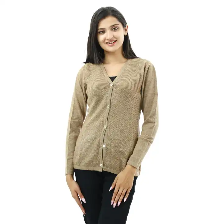 Creamy Woolen Full Sleeve Front Button Design Sweater For Women