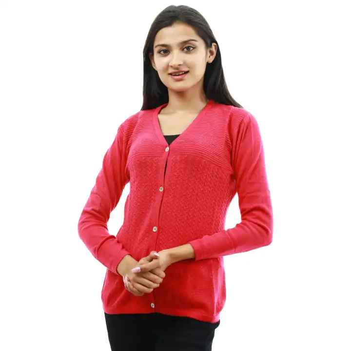 Pink Woolen Full Sleeve Front Button Design Sweater For Women