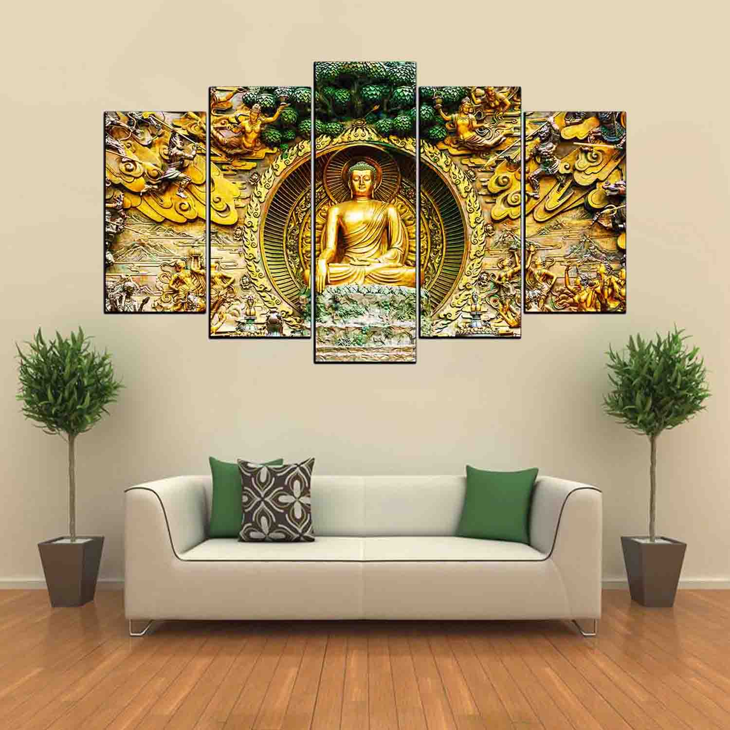 5 Piece Panel Golden Buddha Wall Hang God Canvas Print With Wooden Frame by Suva Trades