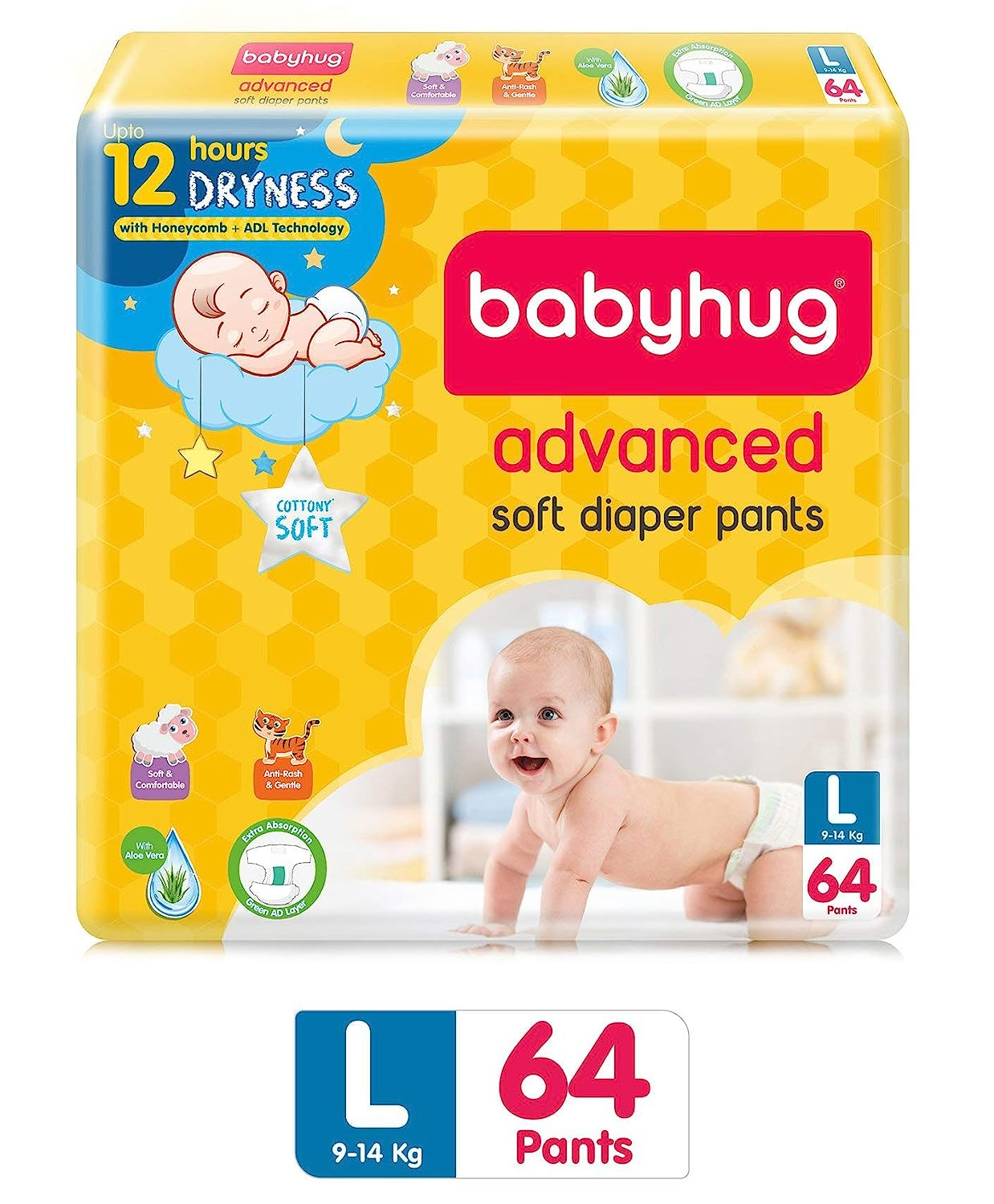 Babyhug Baby Diapers Pants Large 64s Pack - Advanced Soft Diapers Pants 9-14 Kg