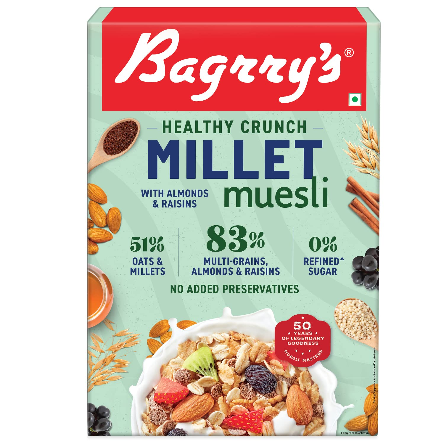 Bagrrys Healthy Crunch Millet Muesli 500g Box | Almond 'N' Raisins | 51% Oats & Millets | No Added Preservative | 0% Refined Sugar | Multi-Grain Breakfast Cereal 