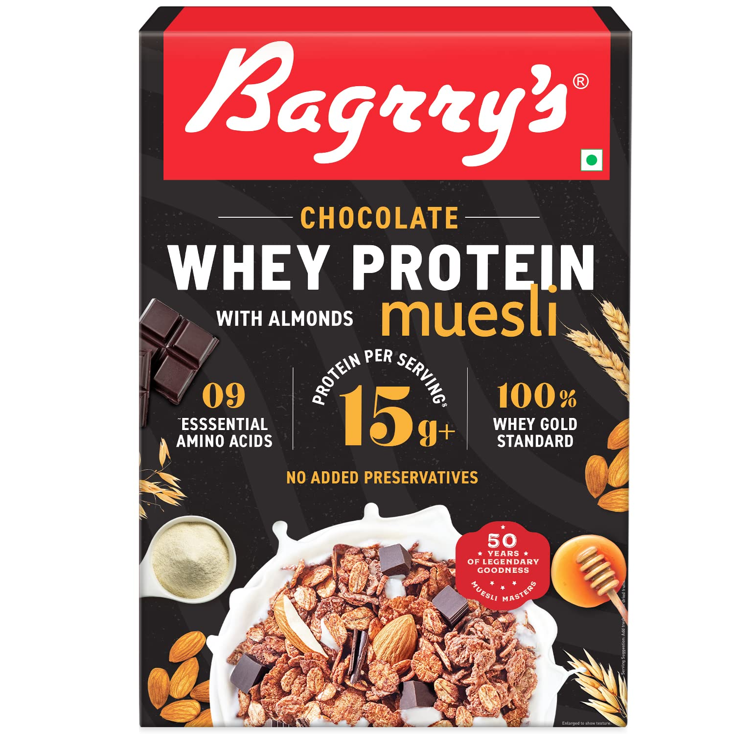 Bagrry's Protein Muesli 500gm Box |15gm Protein Per Serve |Chocolate Flavour|Whole Oats & Californian Almonds|Breakfast Cereal|Protein Rich|Premium American Whey Muesli