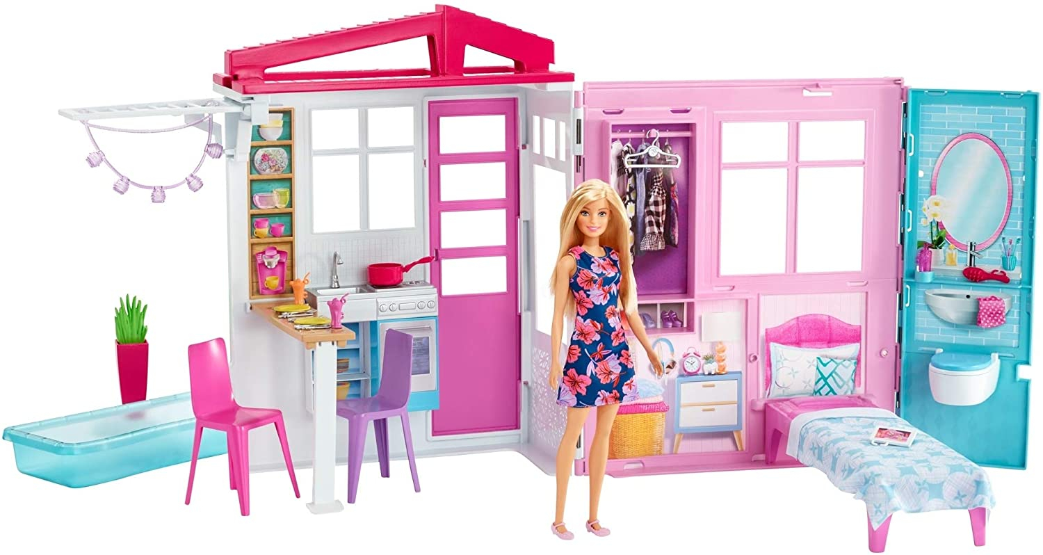 Barbie FXG55 Doll and Dollhouse, Portable 1-Story Playset, with Pool, Multi-Coloured