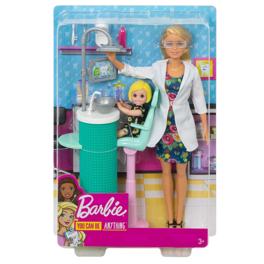 Barbie FXP16 Dentist Doll, Blonde and Playset with Patient Small Doll, Sink, Chair and More, Multi-Colour