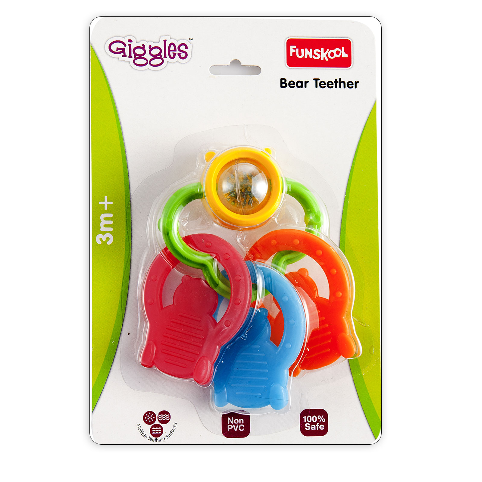 Funskool Giggles Bear Teether for Babies to soothen their gums, Easy to Grasp and chew with rattle sounds, 3 months & above, Infant Toys