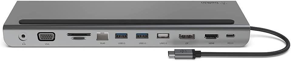 Belkin USB C Hub, 11-in-1 Multi-Port Laptop Dock with 4K HDMI, DP, VGA, USB C Docking Station with 100W Power Delivery, USB A, Gigabit Ethernet, SD, MicroSD, 3.5mm Port For MacBook Pro, Air
