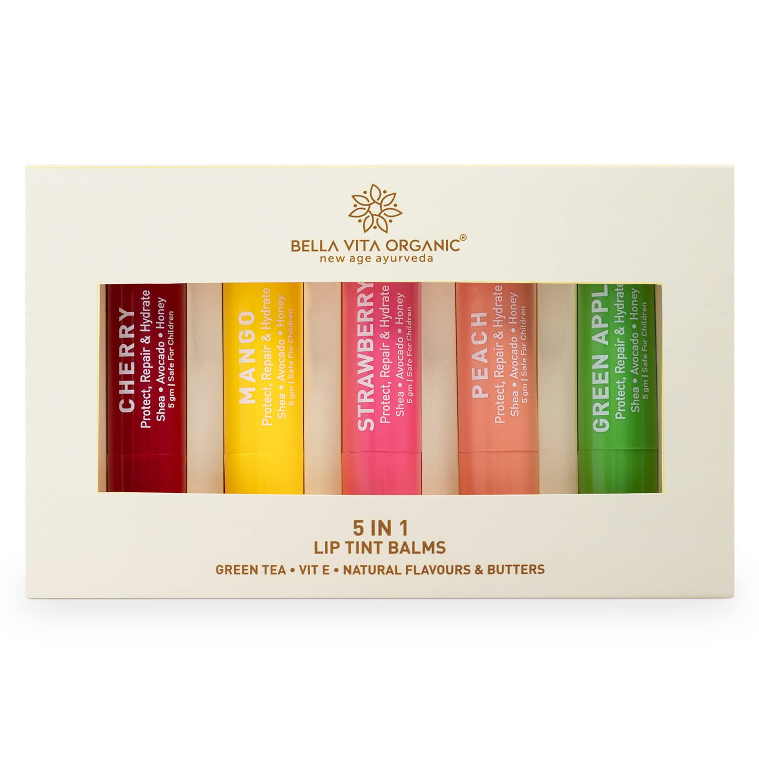 Bella Vita Organic 5 in 1 Lip Tint for Long Lasting Hydration & Moisturization Dry & Chapped Lips, 5 Fruity Flavors & Shades of Vanilla, Sweet Mango, Peach, Strawberry & Cherry, 5 gm each