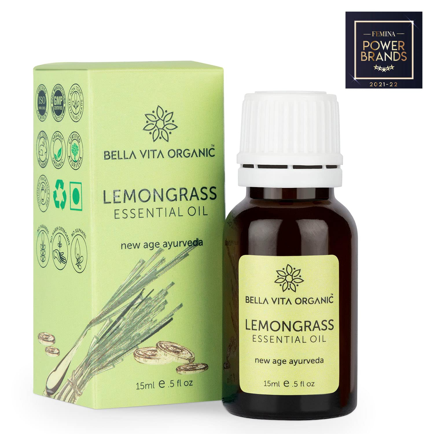Bella Vita Organic Lemongrass Essential Oil 15ml Natural Can be Used as Fragrance Oil, Mixed with Beauty Products, Aromatherapy and Home Candle Soap Making