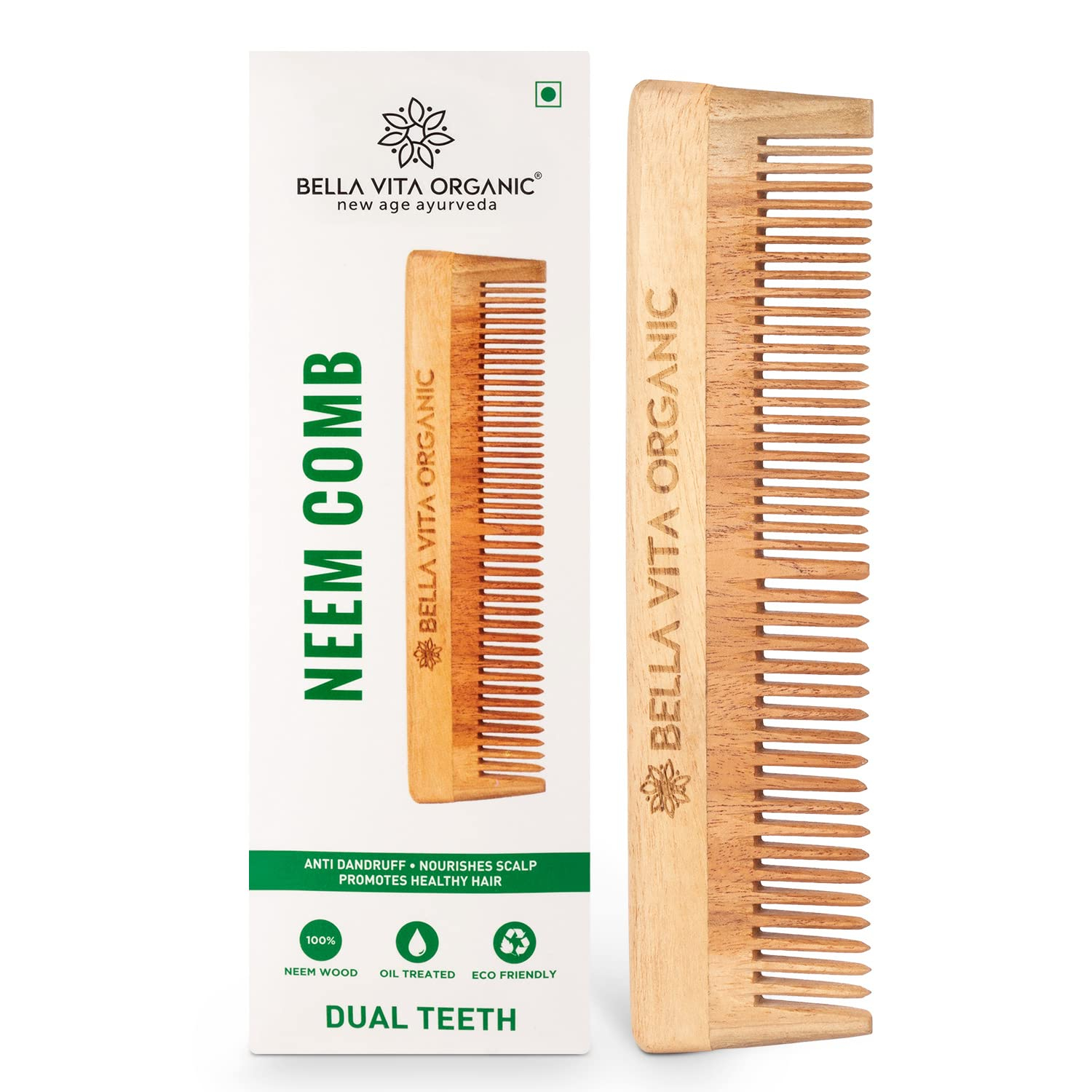 Bella Vita Organic Neem Wooden Comb Dual Teeth For Tangle free Curls and Healthy Scalp
