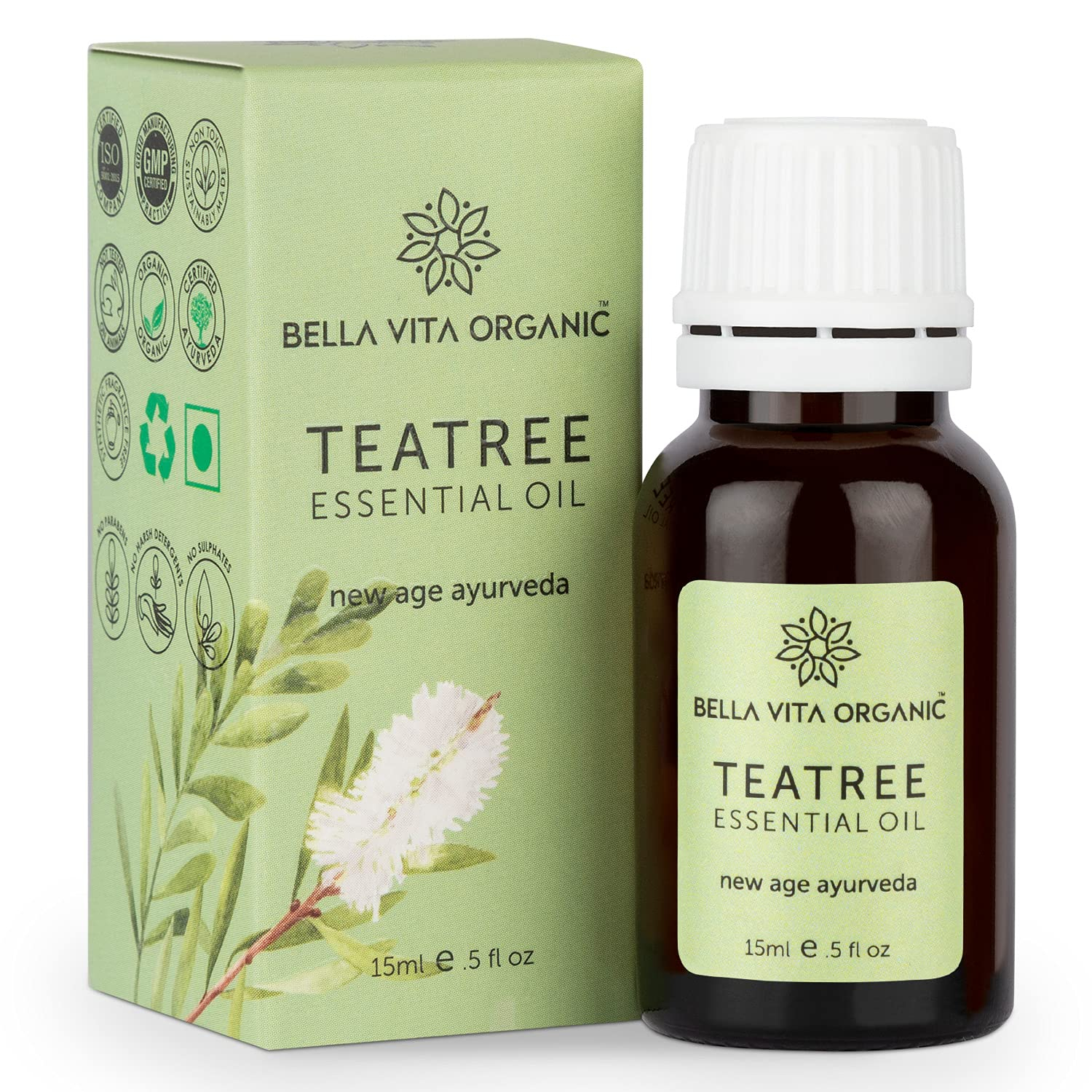 Bella Vita Organic Tea Tree Essential Oil 15ml Natural for Skin, Hair, Face, Acne Care Used as Fragrance Oil, Aromatherapy and Home Candle Soap Making