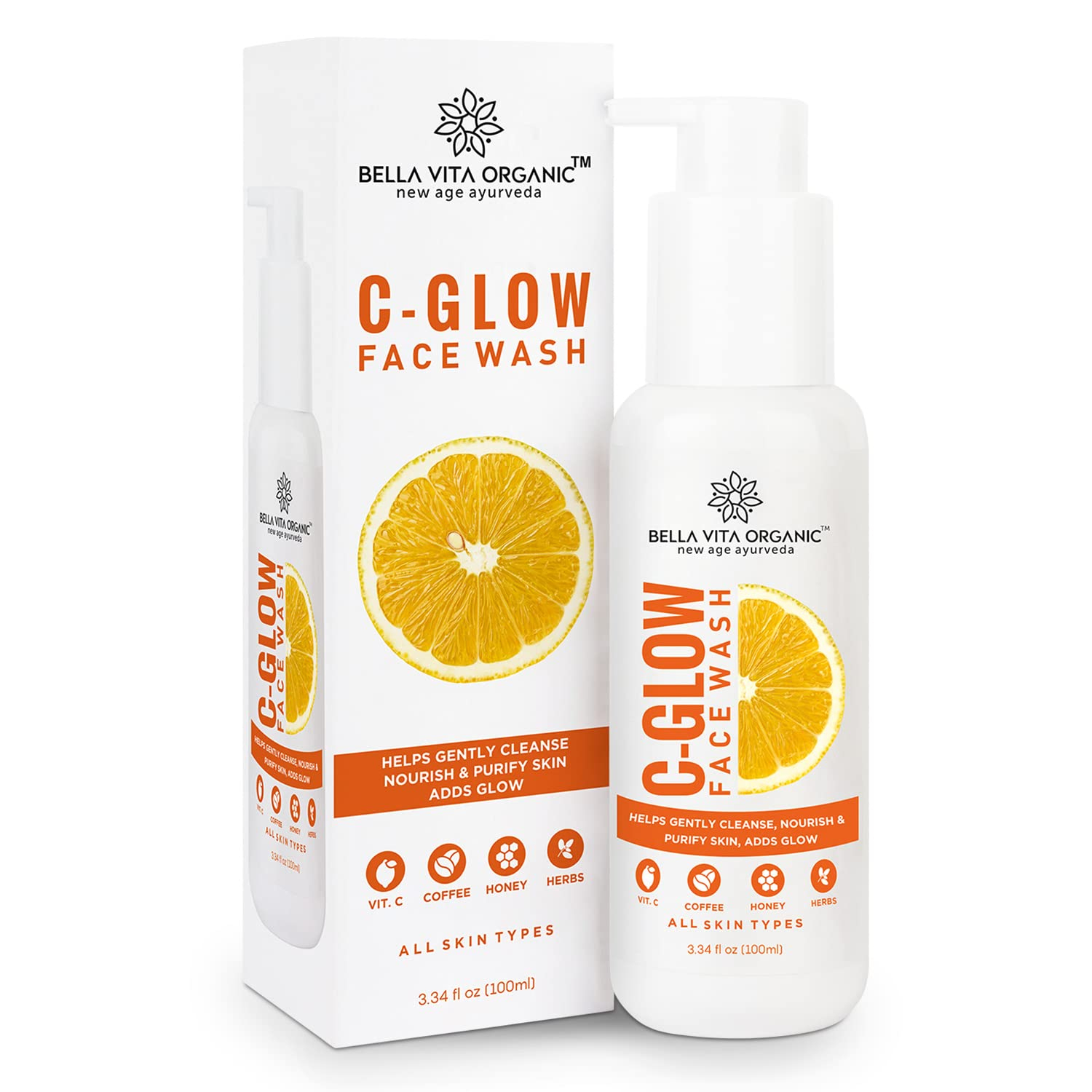 Bella Vita Organic Vitamin C-Glow Natural Face Wash with Coffee, Honey and Sandalwood, Oil Control, Acne, Skin Brightening and Glow for Men and Women - 100 ml