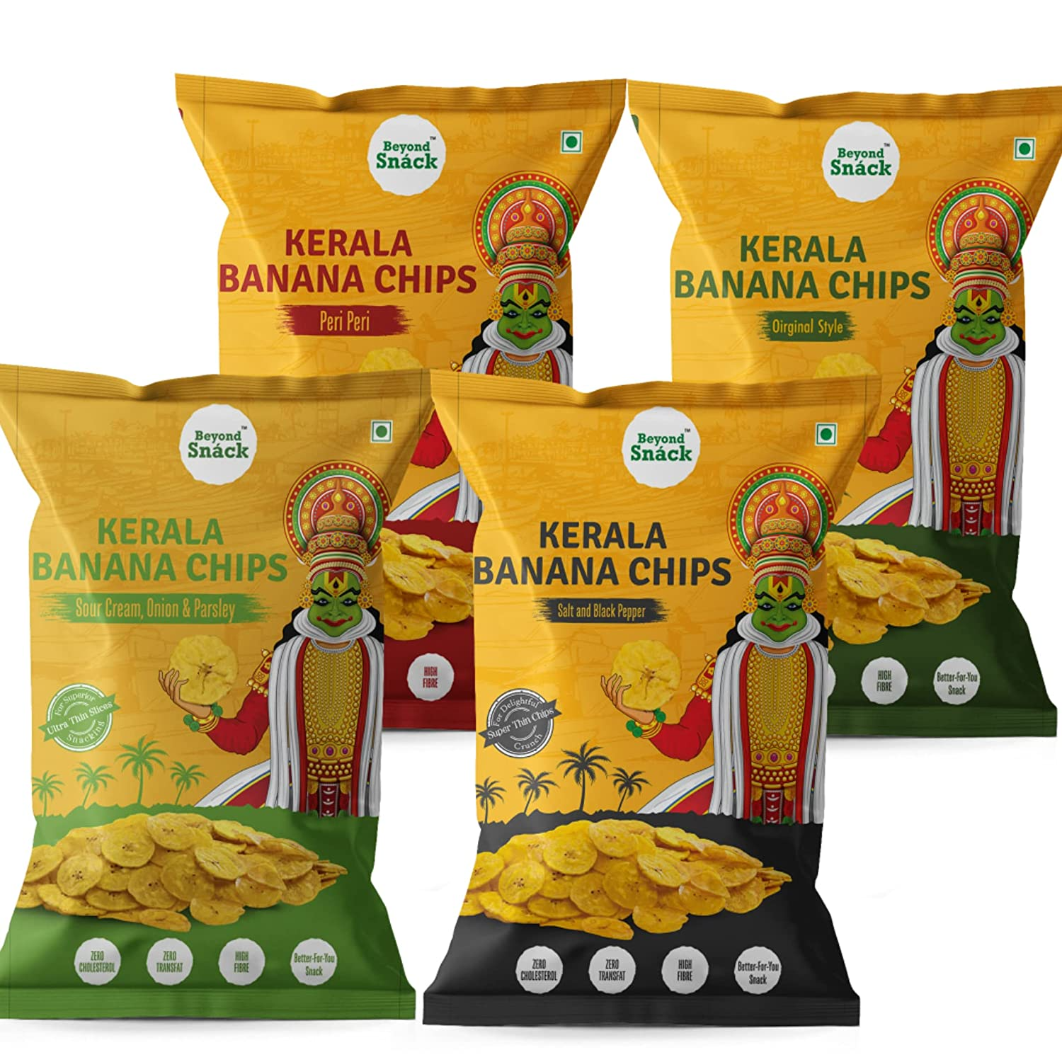 Beyond Snack Kerala Banana Chips - Pack of 4 Combo 4x25gms - Original Style, Peri Peri, Sour Cream Onion & Parsley and Salt and Pepper Chips