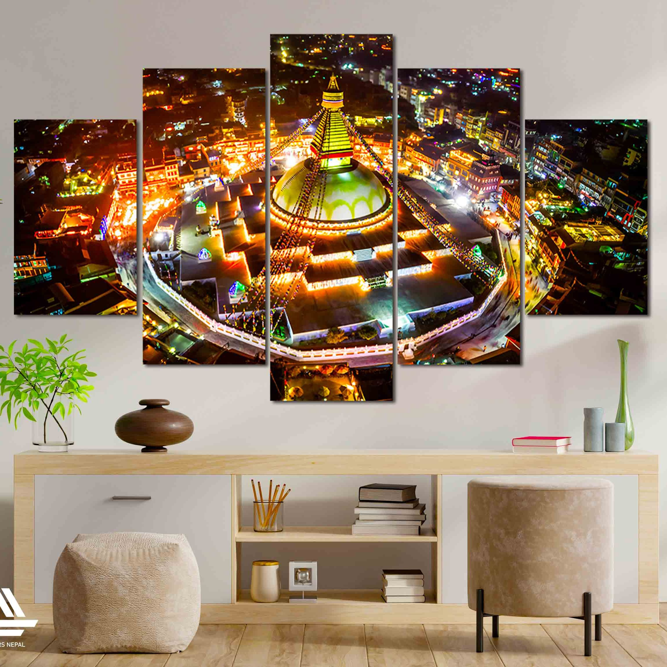 Big Size Boudhanath Stupa 5 Panel Canvas | Wall | Home Decor | Canvas | Wall Art With Frame Inside 