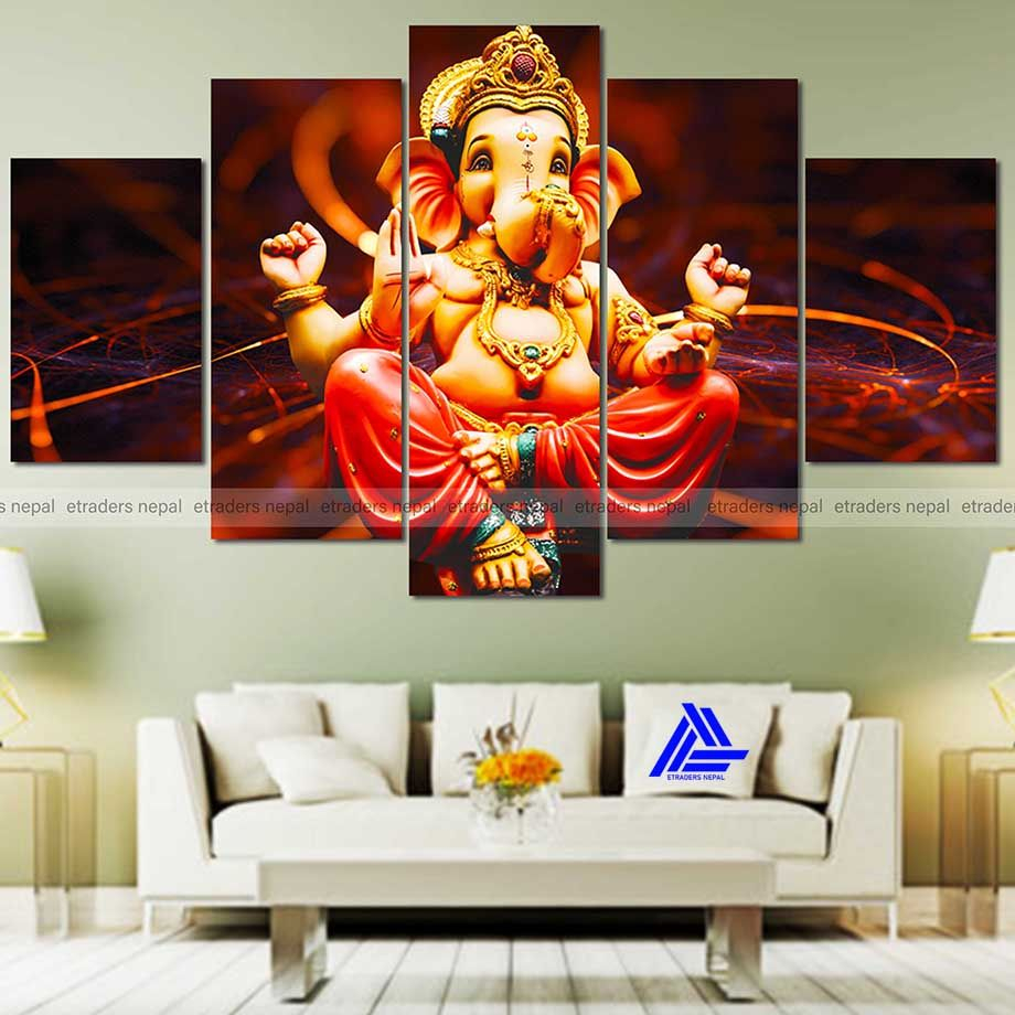Big Size Lord Ganesh 5 Panel Canvas | Wall | Home Decor | Canvas | Wall Art With Frame Inside