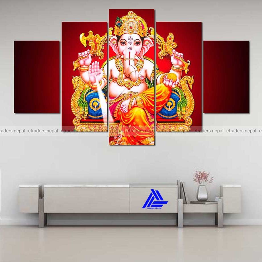 Big Size Lord Ganesh 5 Panel Canvas | Wall | Home Decor | Canvas | Wall Art With Frame Inside