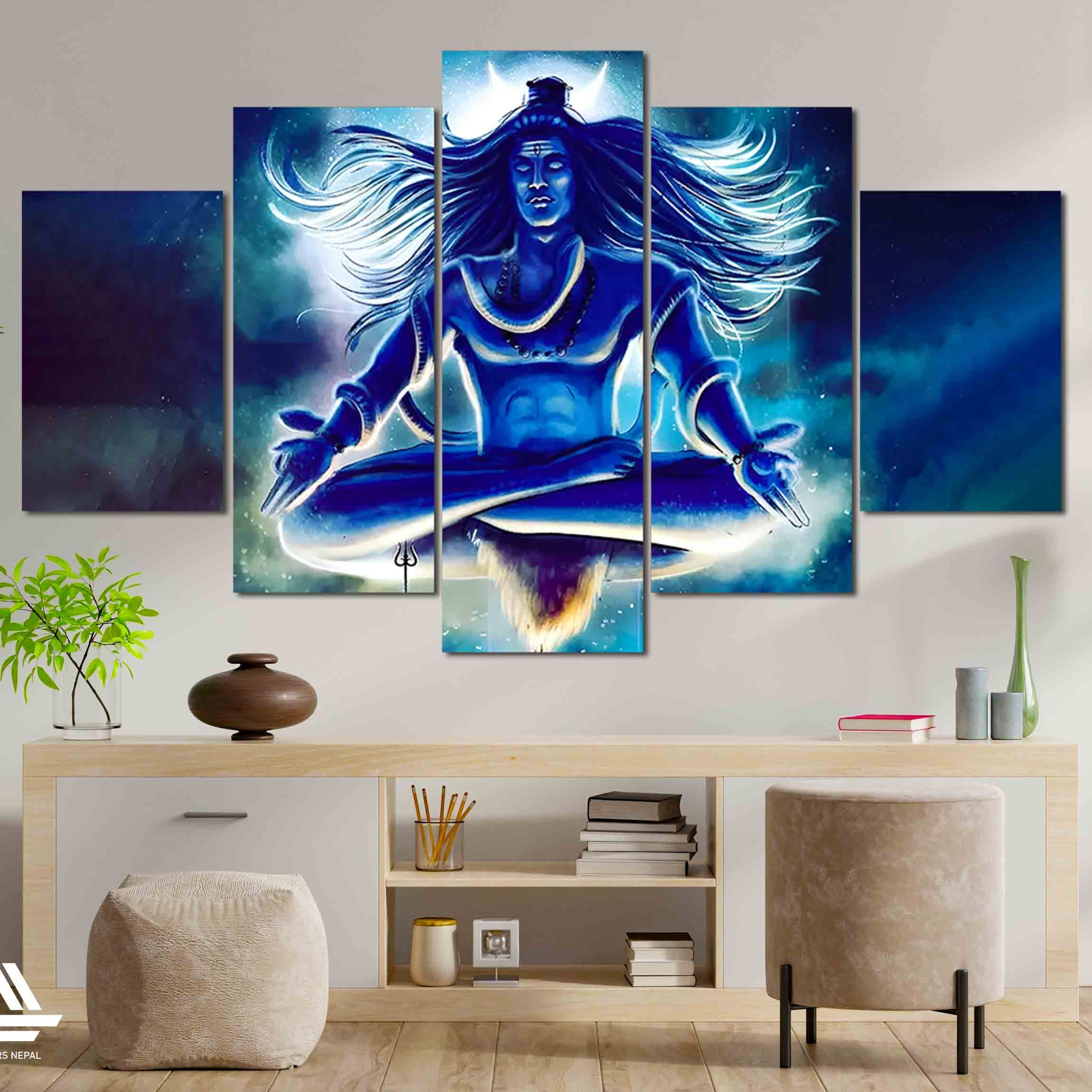 Big Size Lord Shiva 5 Panel Canvas | Wall | Home Decor | Canvas | Wall Art With Frame Inside