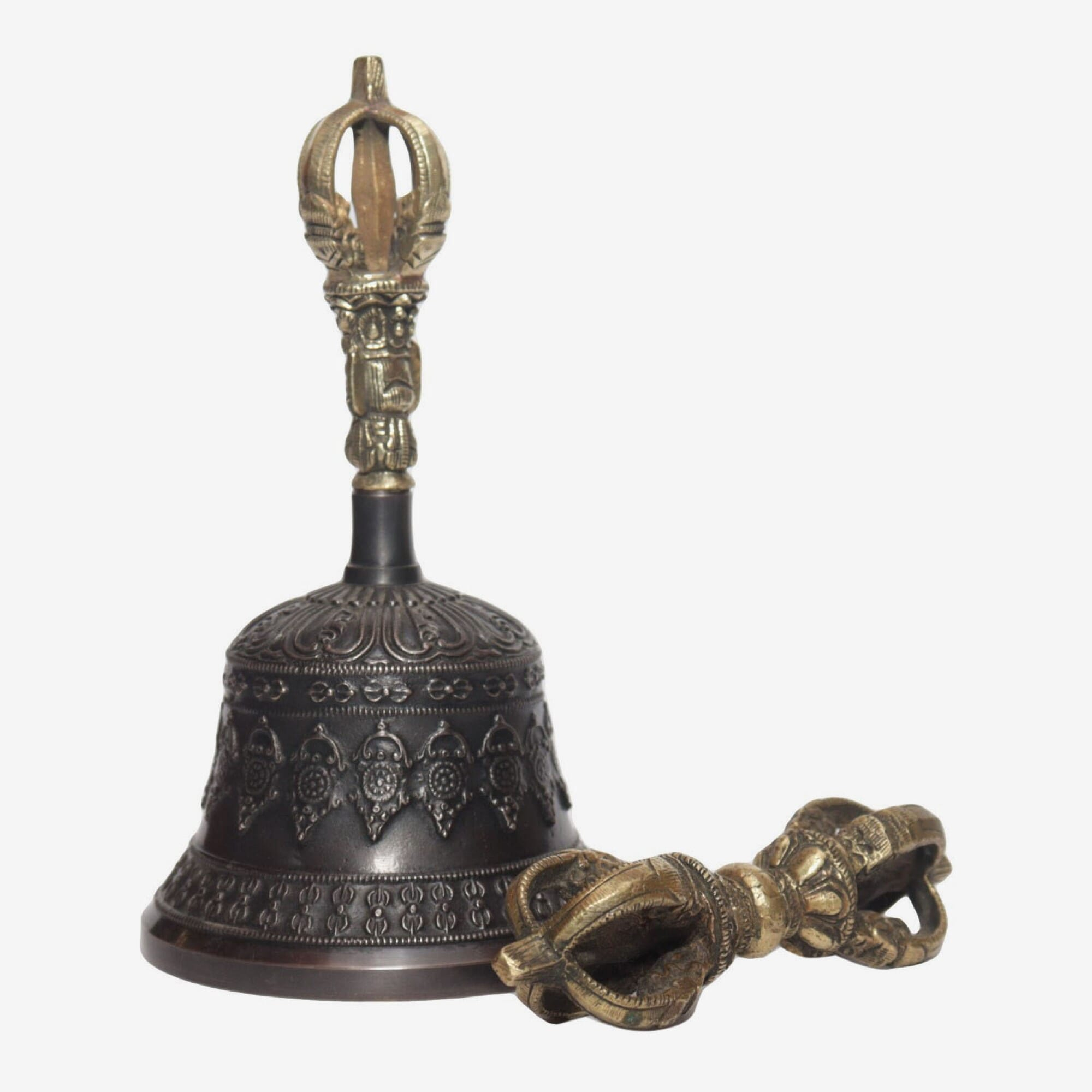 Seven Chakra Handicraft - Black Dharmachakra Designed Tibetean Bronze Bell With Bajra Set 17 Cm 350 G