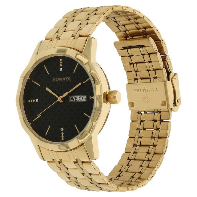 Sonata Black Dial Golden Stainless Steel Strap Watch-7113ym05
