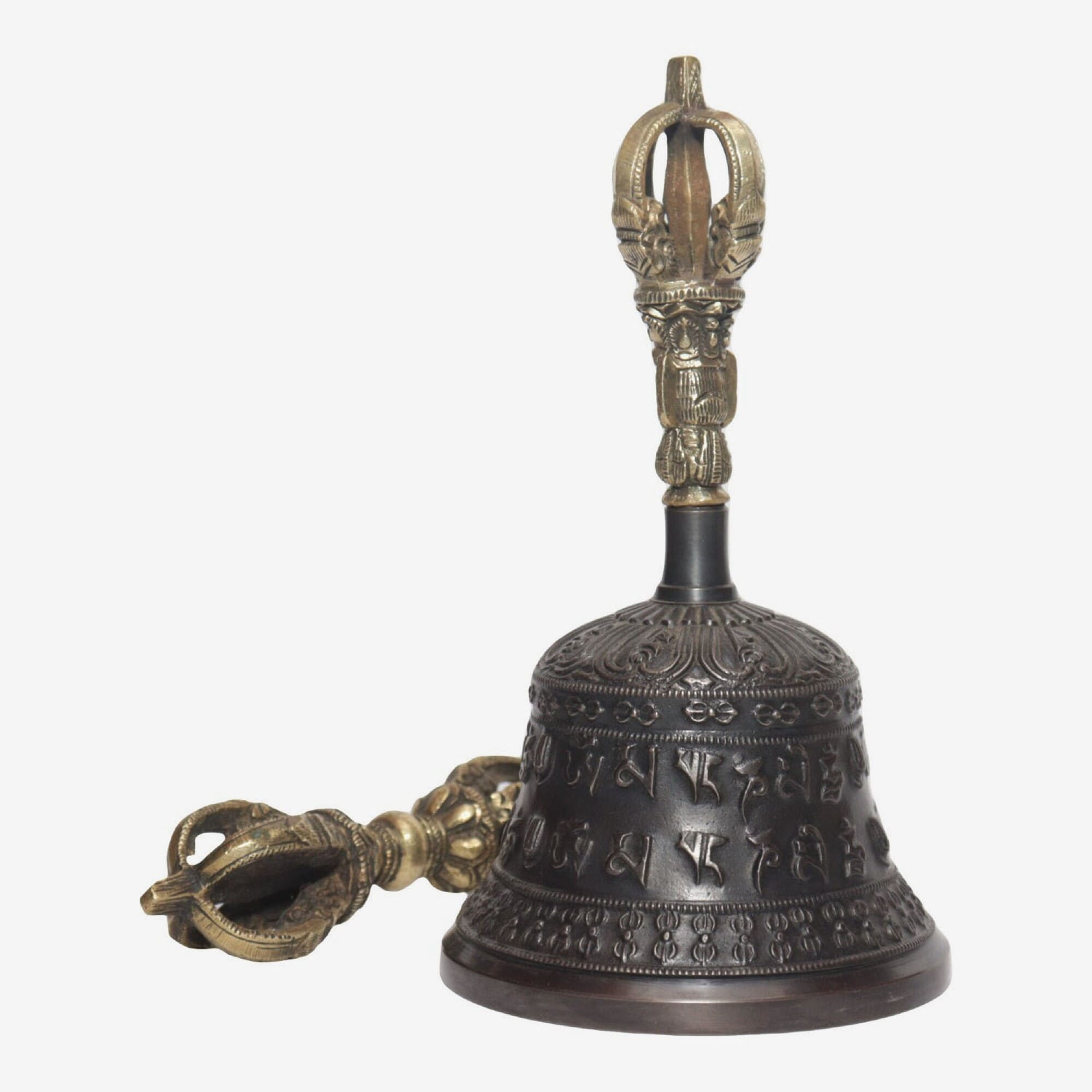 Seven Chakra Handicraft - Black Mantra Designed Tibetean Bronze Bell With Bajra Set 17 Cm 350 G