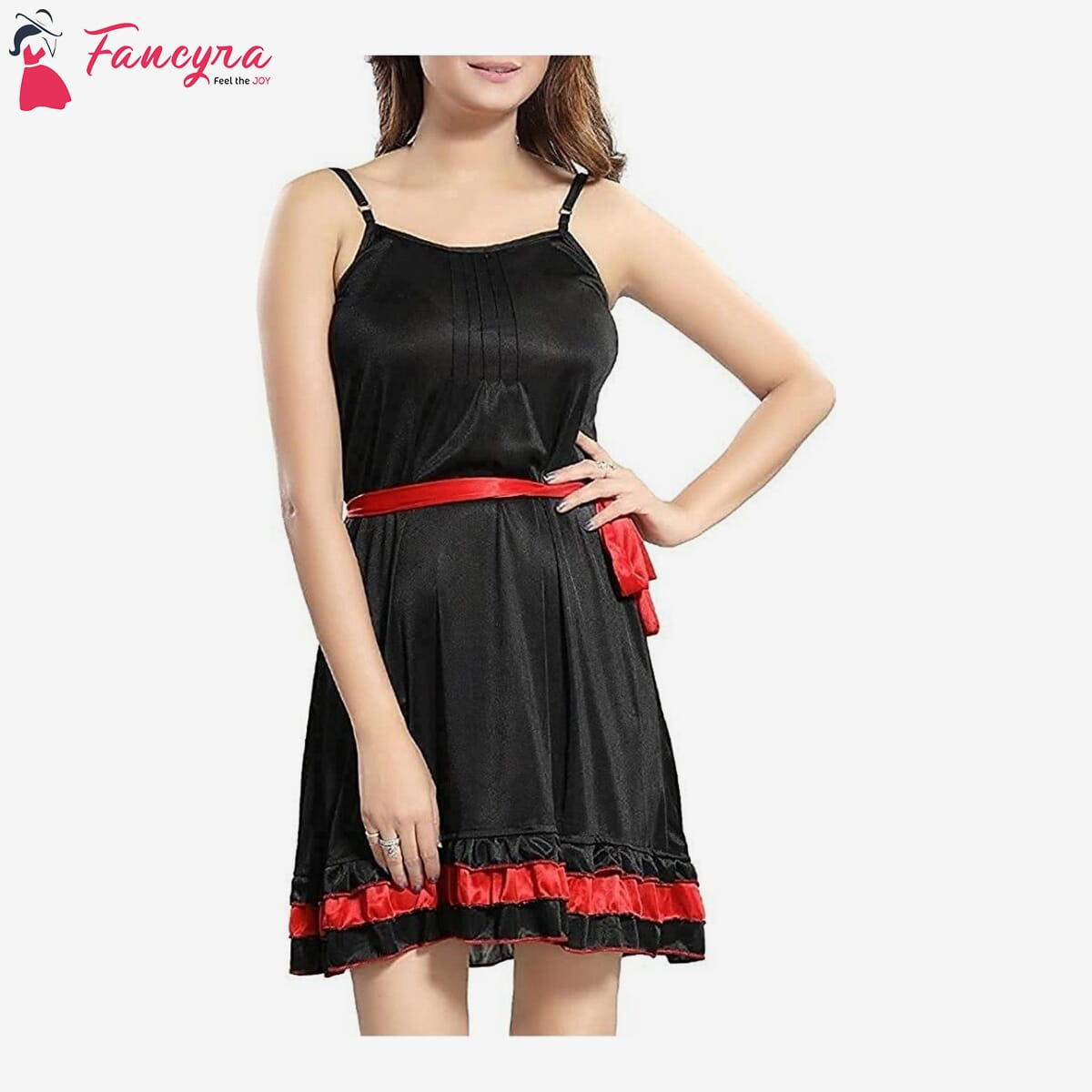 Fancyra - Women Sexy Nightwear Satin Floral Above Knee Sexy Sleepwear Lace Nightgown U Neck Babydoll Lingerie Free Size Black