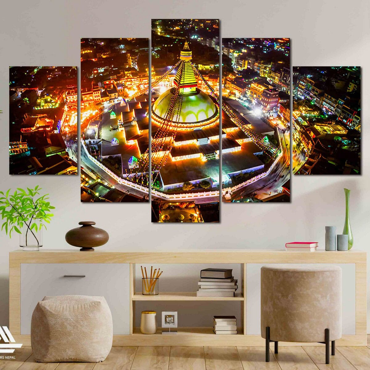 Boudhanath Stupa 5 Panel Canvas | Wall | Home Decor | Canvas | Wall Art With Frame Inside