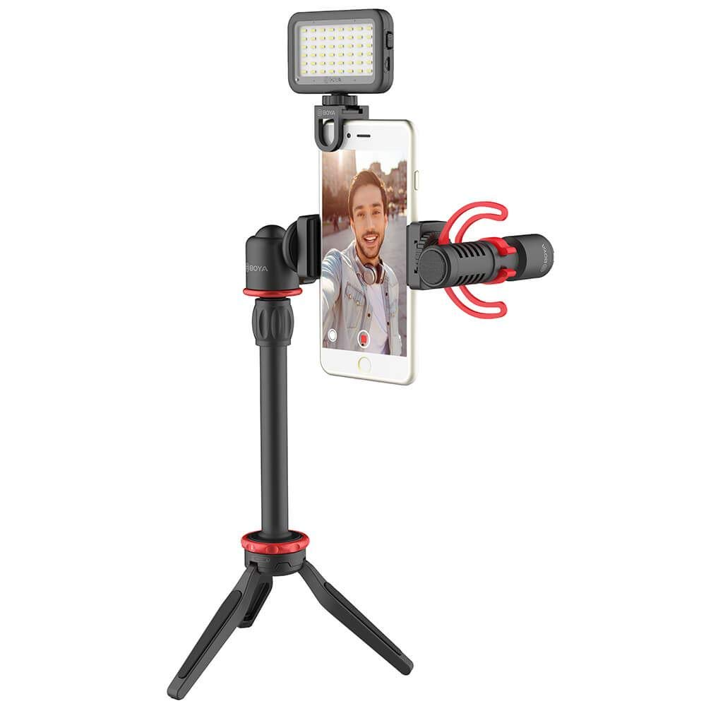 Boya BY-VG350 Microphone - Smartphone Video Rig with MM1+ Microphone, LED light, Mini Tripod, Extension Tube and Video Microphone Compatible with iPhone and Android - for YouTube, TIK Tok, Facebook, Vlogging