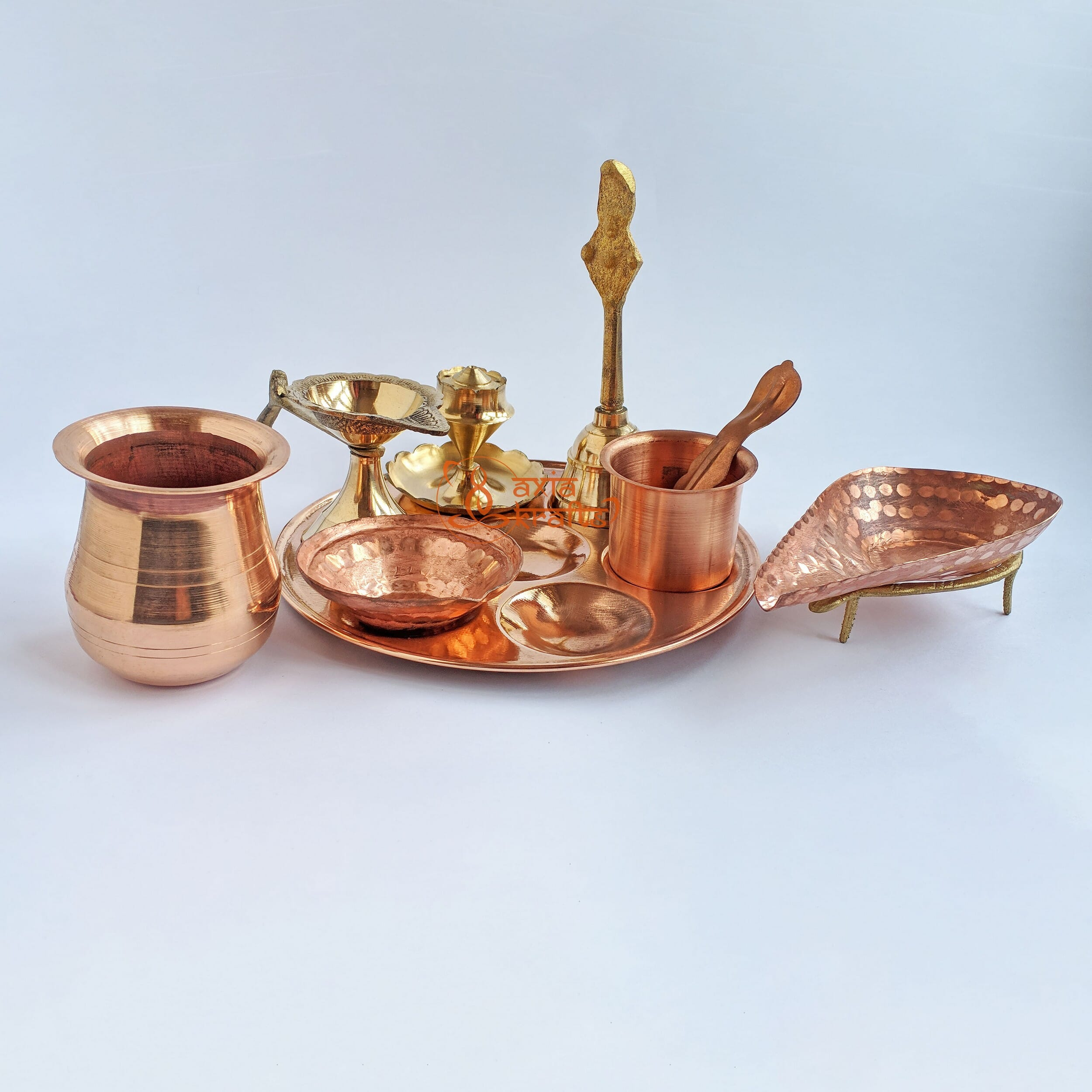 Axia Krafts Brass Copper Puja Set All in One Complete Combo ( Medium ) Pooja items