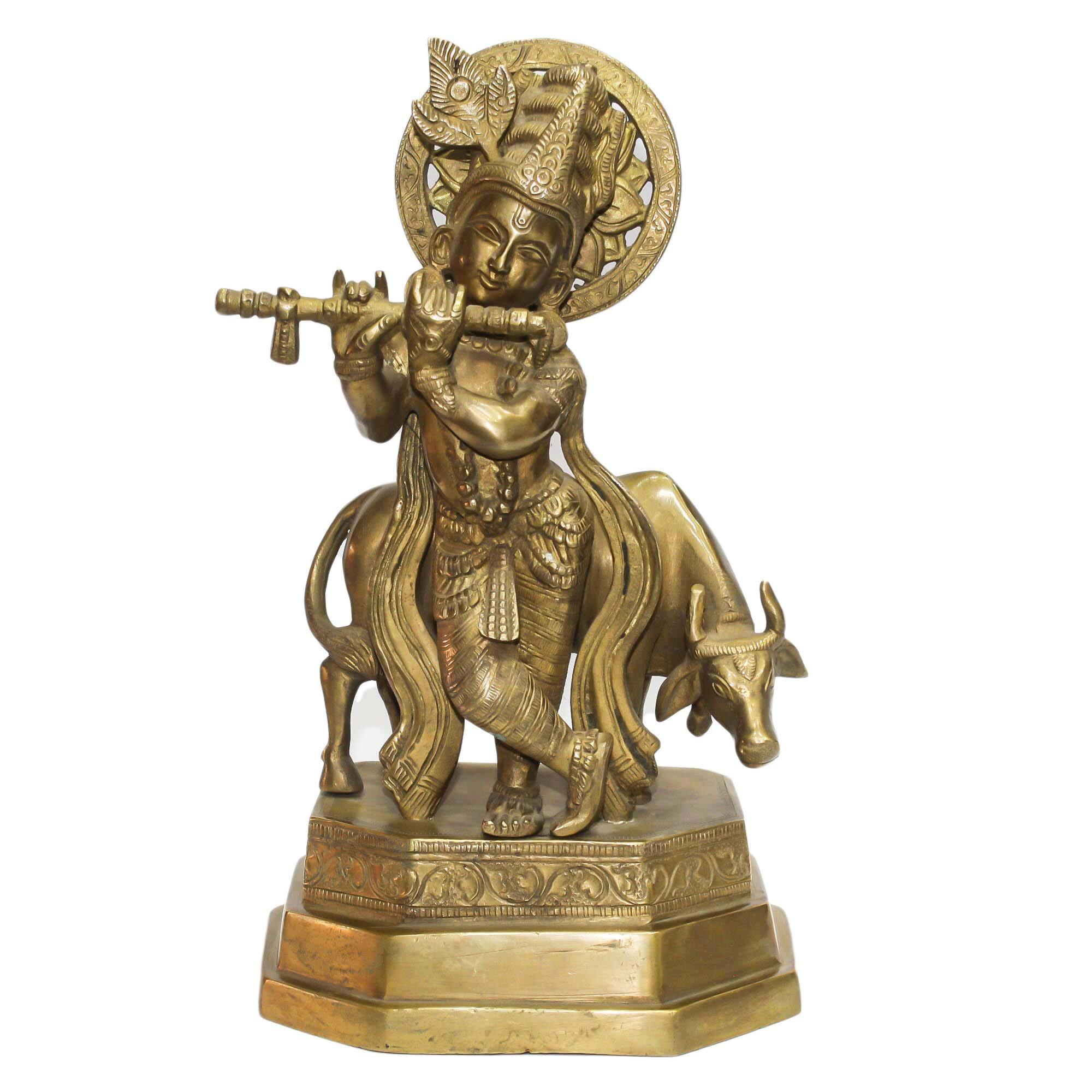 Seven Chakra Handicraft - Golden Brass Lord Krishna With Cow Statue