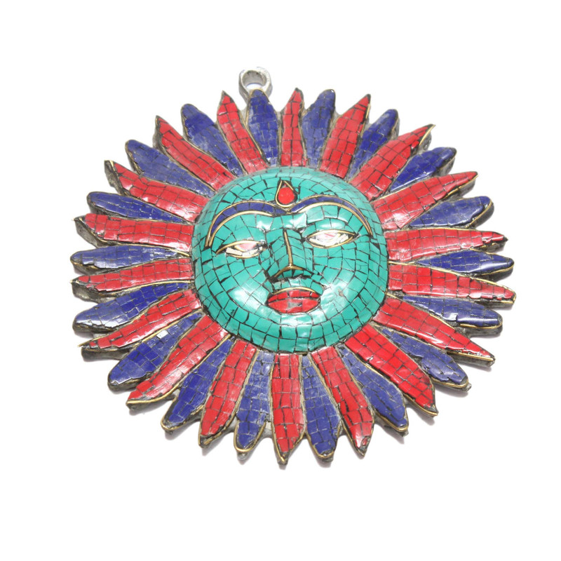 Seven Chakra Handicraft - 7.5" Brass Sun Mask (Torquise Design) Wall Décor