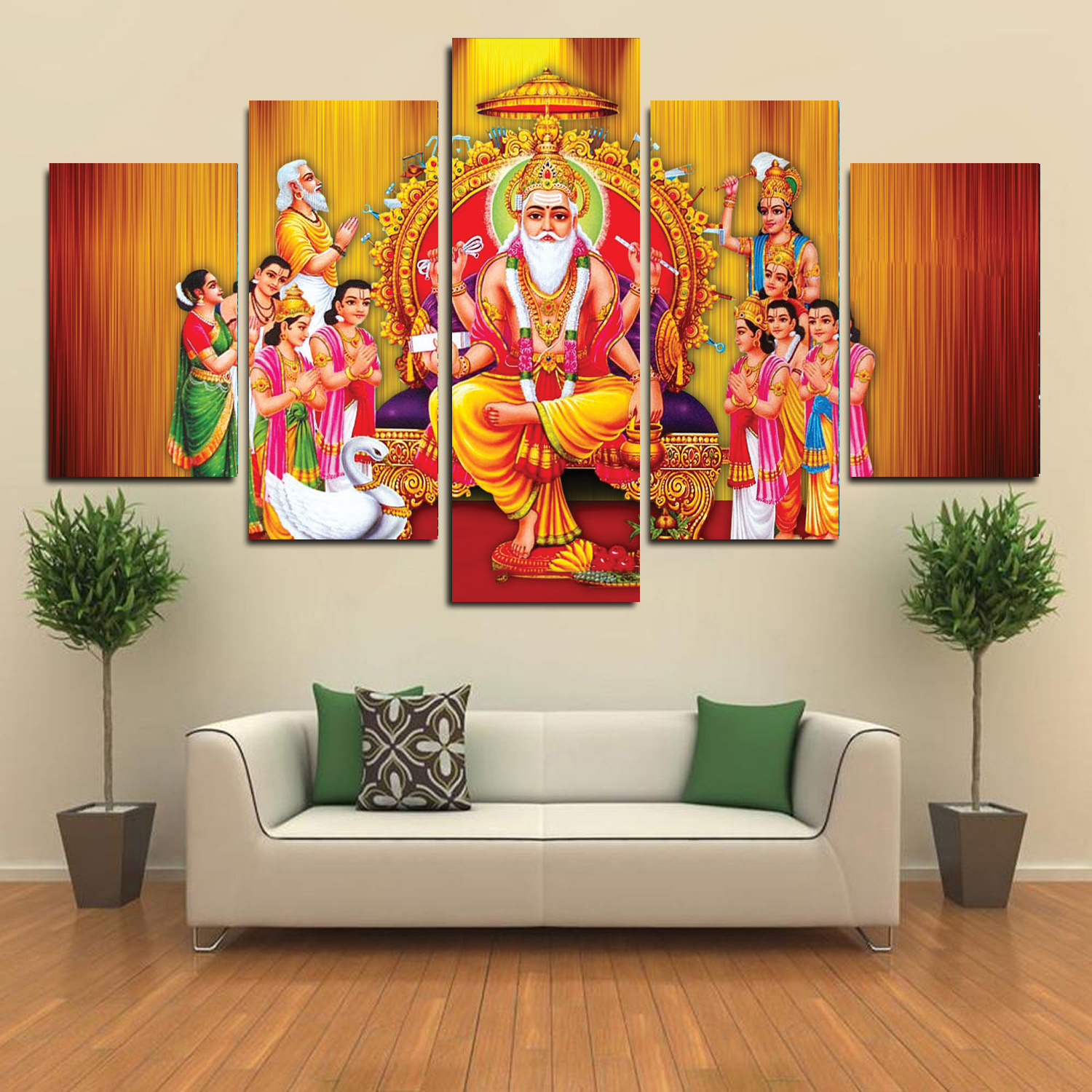 5 Panel Lord Bishowkarma God Wall Hang Canvas Print With Wooden Frame by Suva Trades