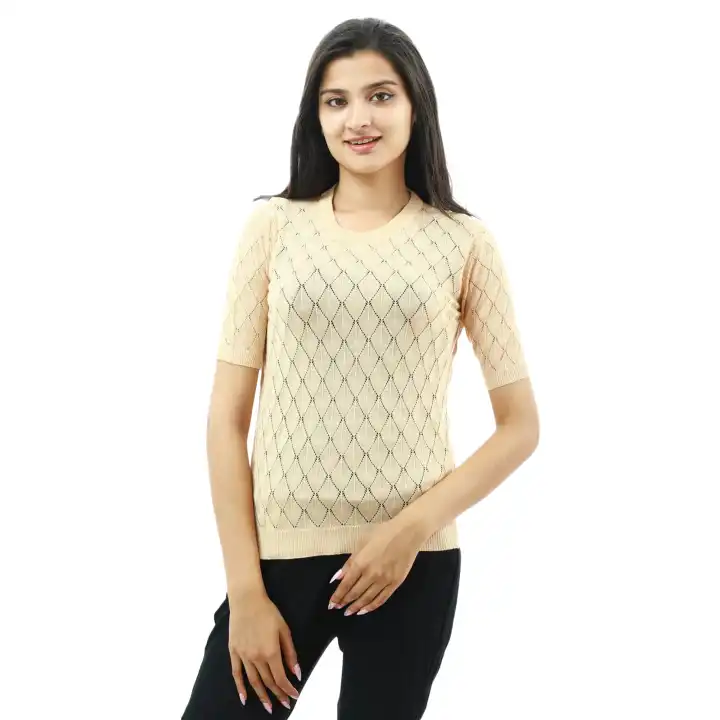 Creamy Woolen Round Neck Half Sleeve T-shirt For Women