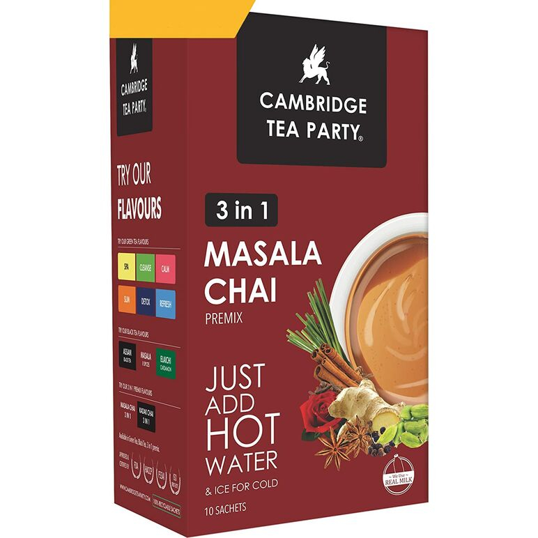 Cambridge Tea Party Instant Tea Masala Chai with Adrak Elaichi, 3 in 1 Premix Powder, 10 sachets Box