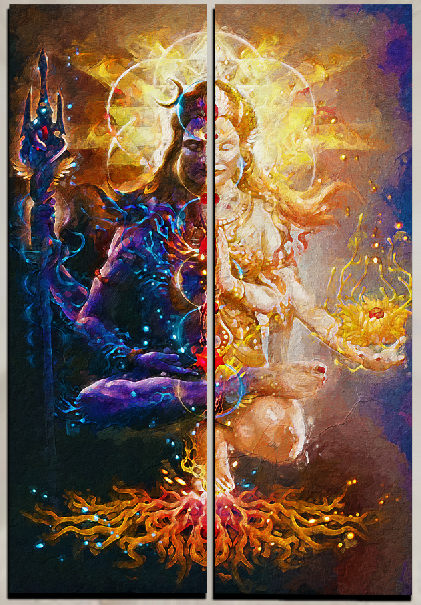 2 Piece Panel Shiva Parvati Mahadhyan Wall Hang God Canvas Art on Vinyl Forex Print with Frame by Om Suva Trades